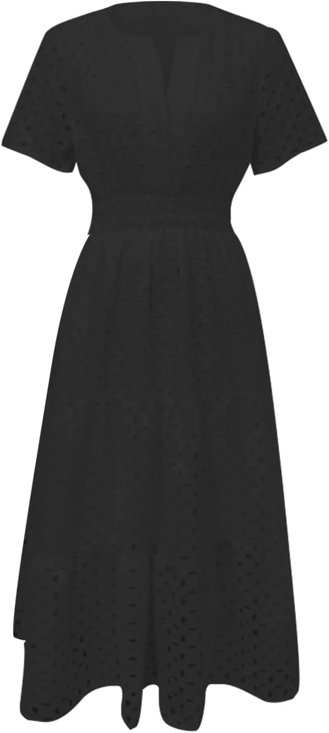 Women's 2025 Summer V Neck Hollow Out Casual Eyelet Ruffle Swing A Line Dress Short Sleeve Boho Long Maxi Dresses