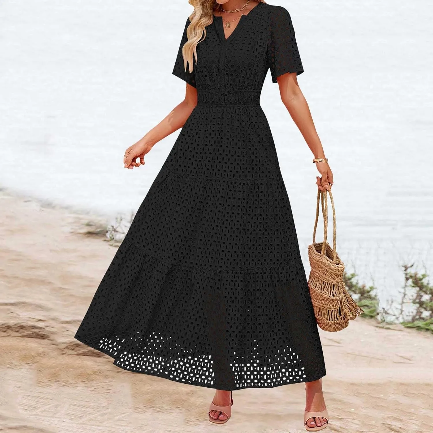 Women's 2025 Summer V Neck Hollow Out Casual Eyelet Ruffle Swing A Line Dress Short Sleeve Boho Long Maxi Dresses