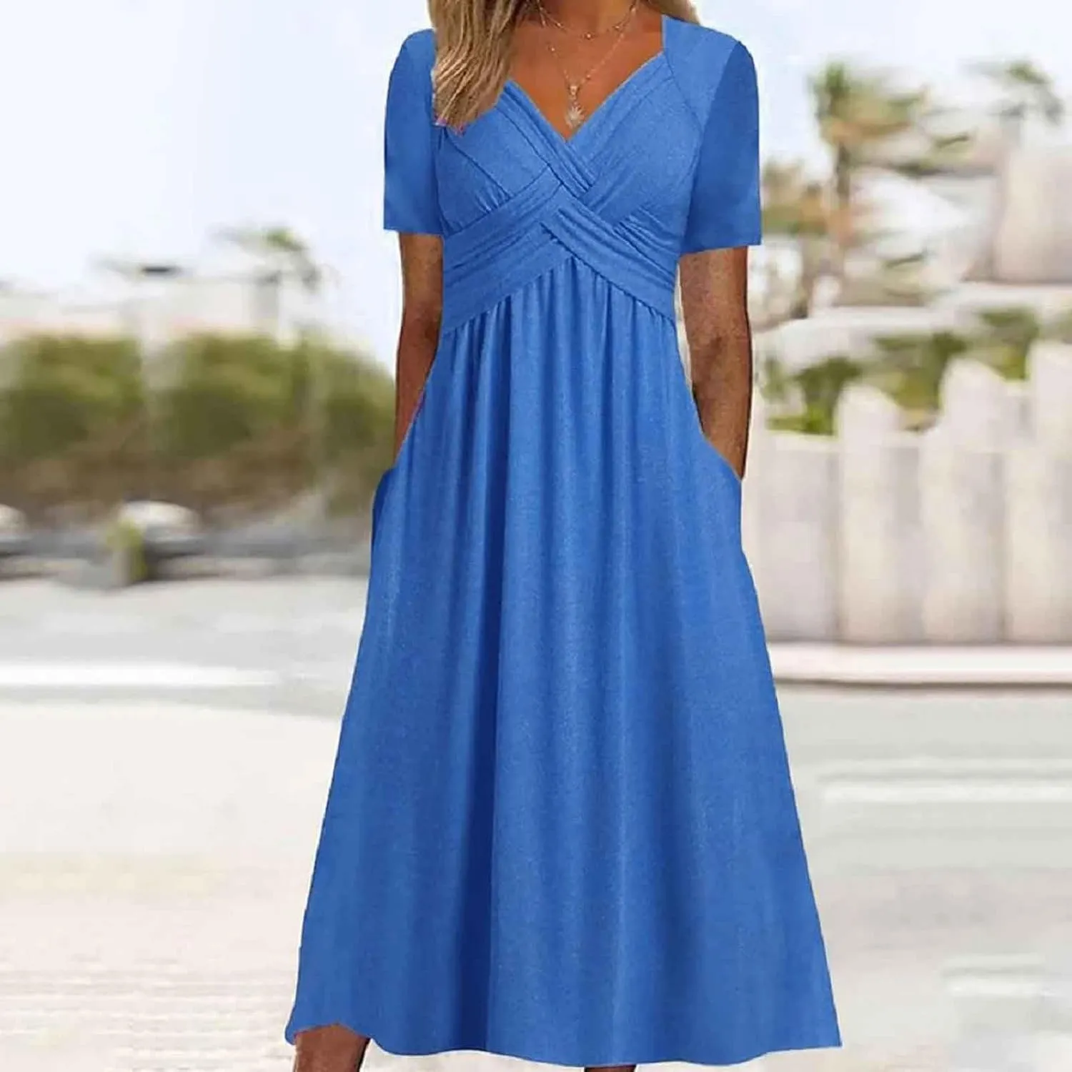 Women's Boho Floral Flowy A Line Midi Dress Casual Summer Short Sleeve Beach Vacation Dresses with Pockets