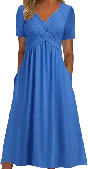 Women's Boho Floral Flowy A Line Midi Dress Casual Summer Short Sleeve Beach Vacation Dresses with Pockets