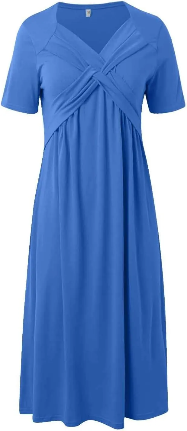 Women's Boho Floral Flowy A Line Midi Dress Casual Summer Short Sleeve Beach Vacation Dresses with Pockets