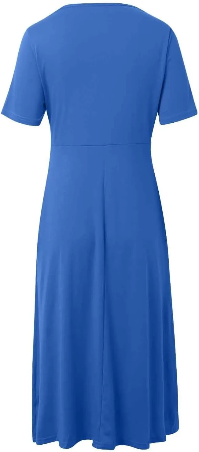 Women's Boho Floral Flowy A Line Midi Dress Casual Summer Short Sleeve Beach Vacation Dresses with Pockets