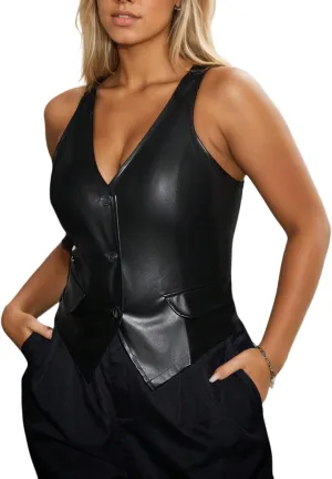 Women's Button Front PU Leather Vest Blazer