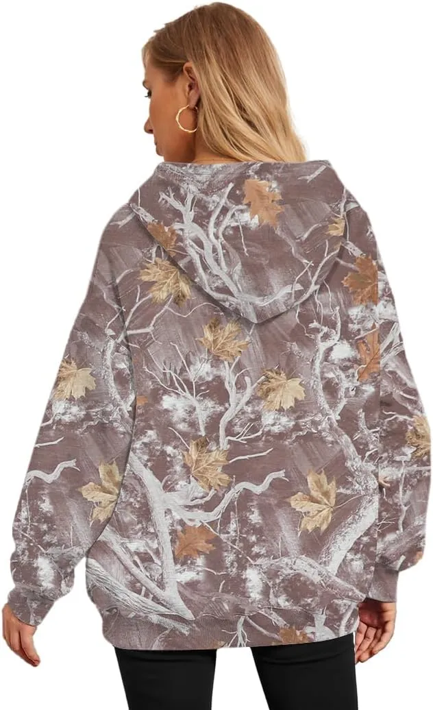 Womens Camo Hoodies Fleece Oversized Hooded Sweatshirts Fashion Tree Leaf Graphic Pullover Tops