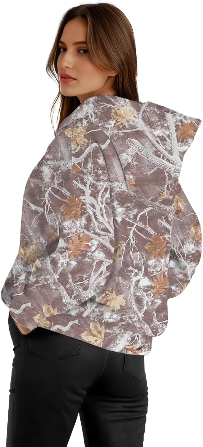Womens Camo Hoodies Fleece Oversized Hooded Sweatshirts Fashion Tree Leaf Graphic Pullover Tops