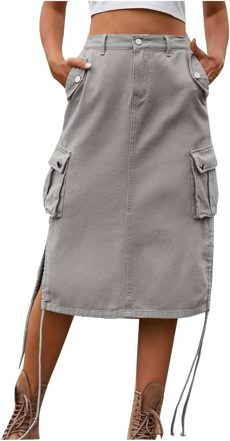 Women's Cargo Denim Skirt High Waisted Summer Casual Work Jeans Dresses Side Drawstring Midi Skirt with Pockets
