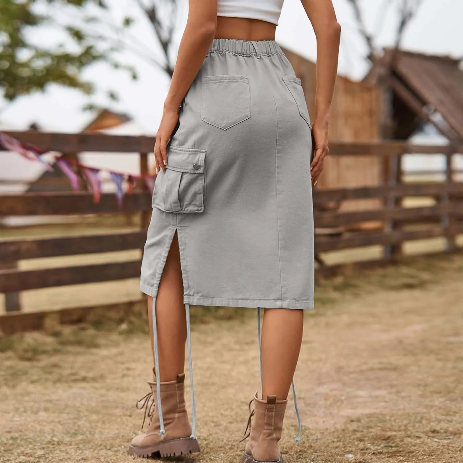 Women's Cargo Denim Skirt High Waisted Summer Casual Work Jeans Dresses Side Drawstring Midi Skirt with Pockets