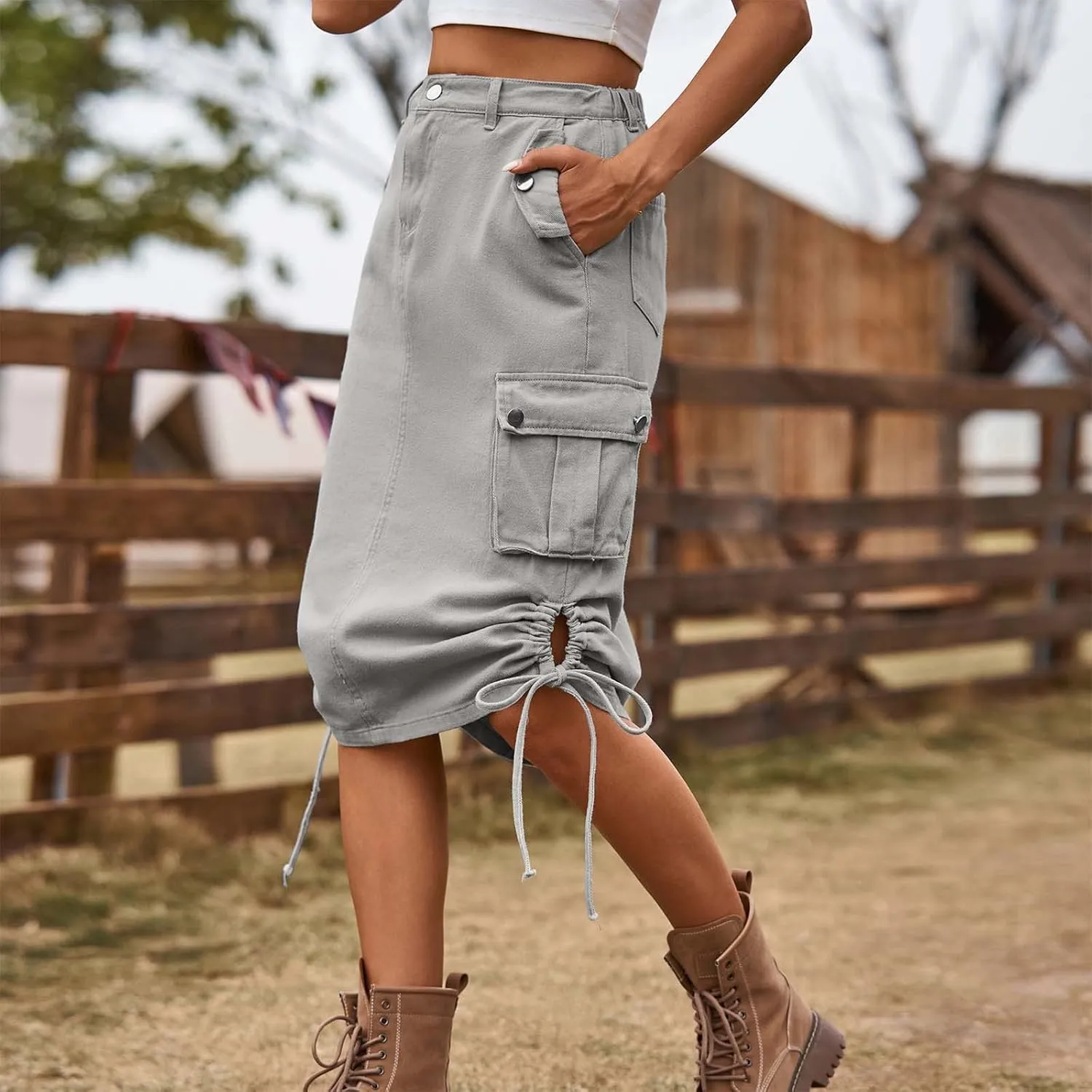 Women's Cargo Denim Skirt High Waisted Summer Casual Work Jeans Dresses Side Drawstring Midi Skirt with Pockets