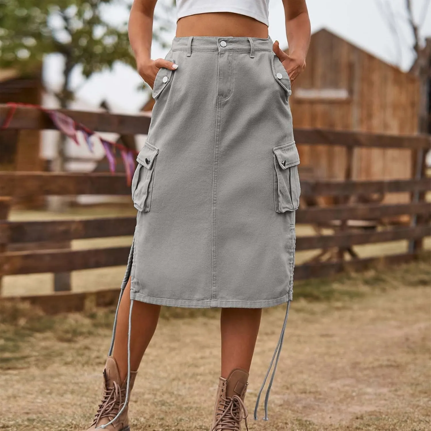 Women's Cargo Denim Skirt High Waisted Summer Casual Work Jeans Dresses Side Drawstring Midi Skirt with Pockets