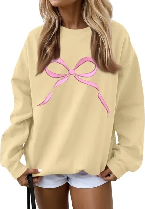 Womens Casual Bow Sweatshirts Colorful Pastel Bows Graphic Tee Shirts Oversized Holiday Trendy Pullover Outfits