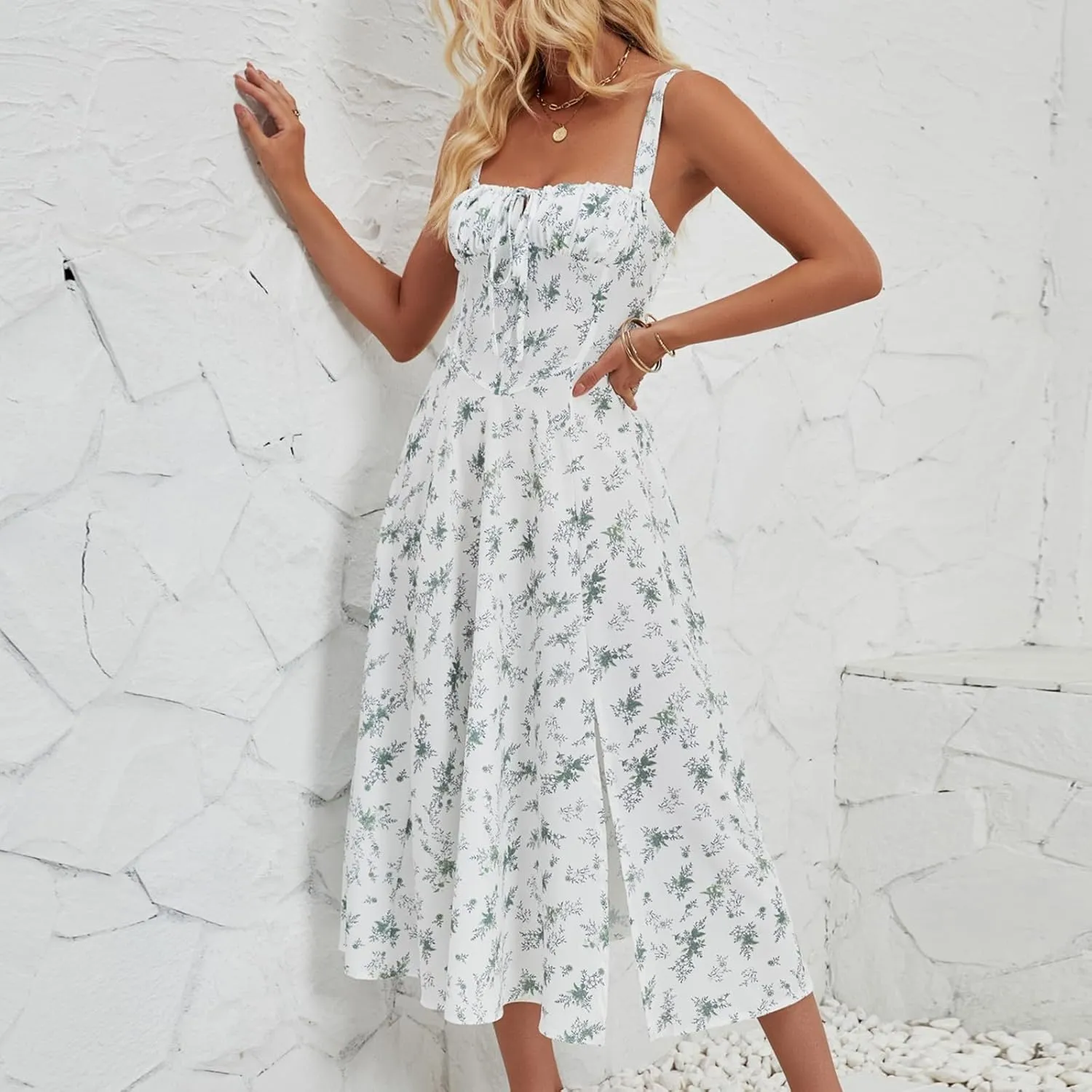 Women's Casual Floral Printed Long Beach Wedding Guest Dresses Spaghetti Strap V-Neck Floral Short Party Dress