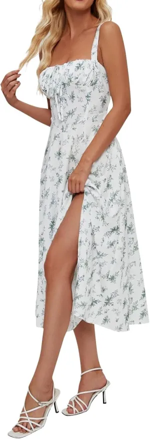Women's Casual Floral Printed Long Beach Wedding Guest Dresses Spaghetti Strap V-Neck Floral Short Party Dress