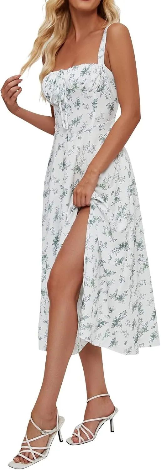 Women's Casual Floral Printed Long Beach Wedding Guest Dresses Spaghetti Strap V-Neck Floral Short Party Dress