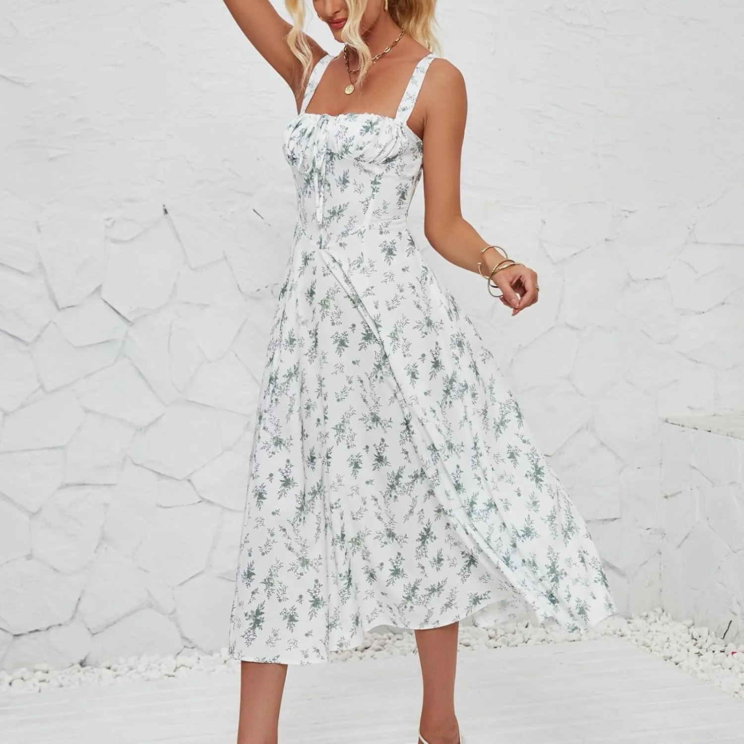 Women's Casual Floral Printed Long Beach Wedding Guest Dresses Spaghetti Strap V-Neck Floral Short Party Dress