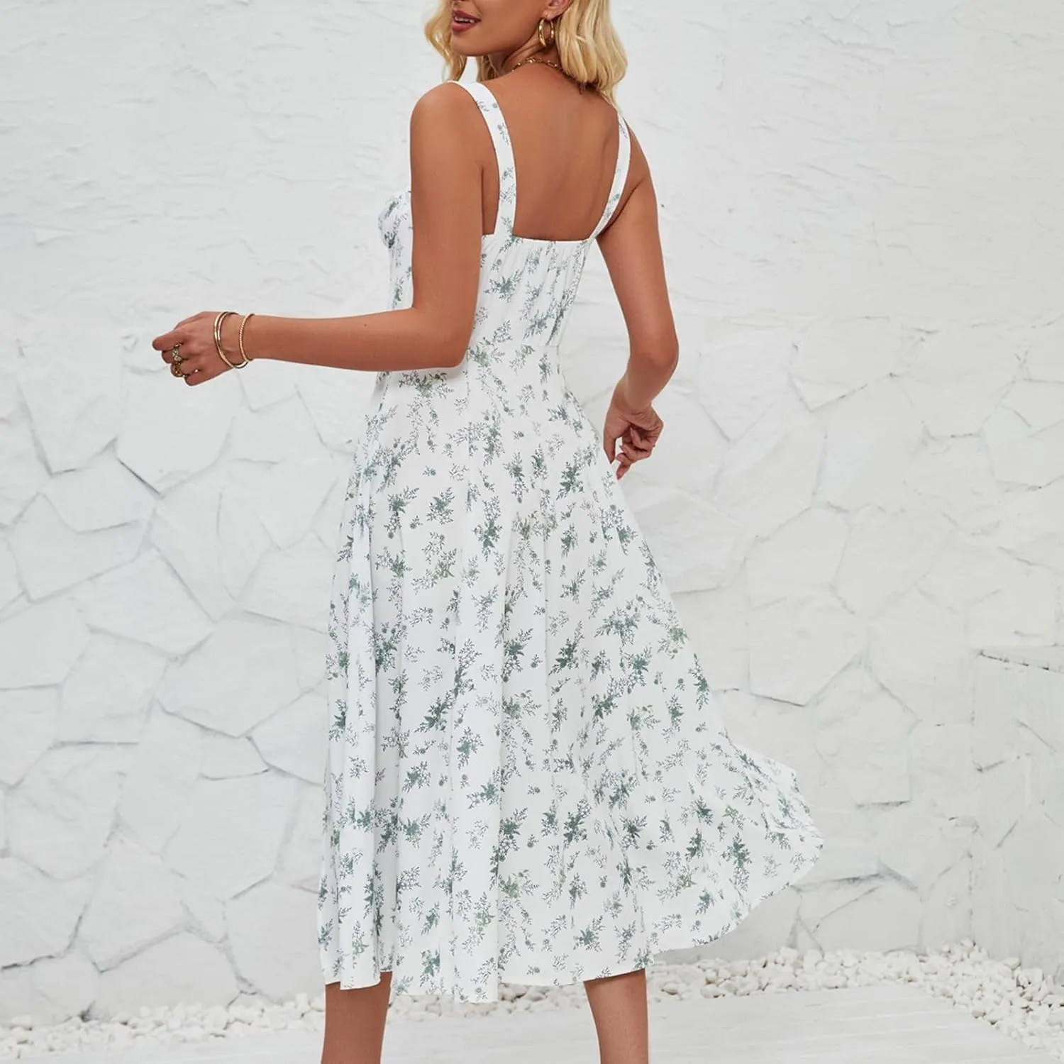 Women's Casual Floral Printed Long Beach Wedding Guest Dresses Spaghetti Strap V-Neck Floral Short Party Dress