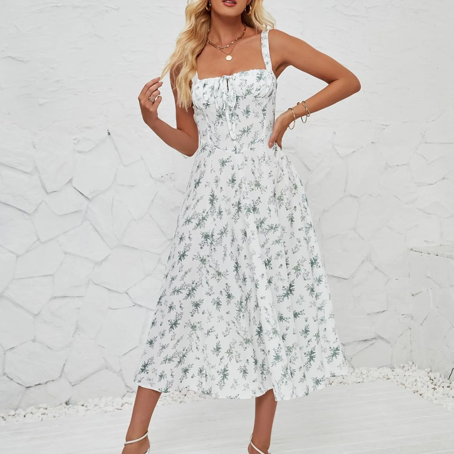 Women's Casual Floral Printed Long Beach Wedding Guest Dresses Spaghetti Strap V-Neck Floral Short Party Dress
