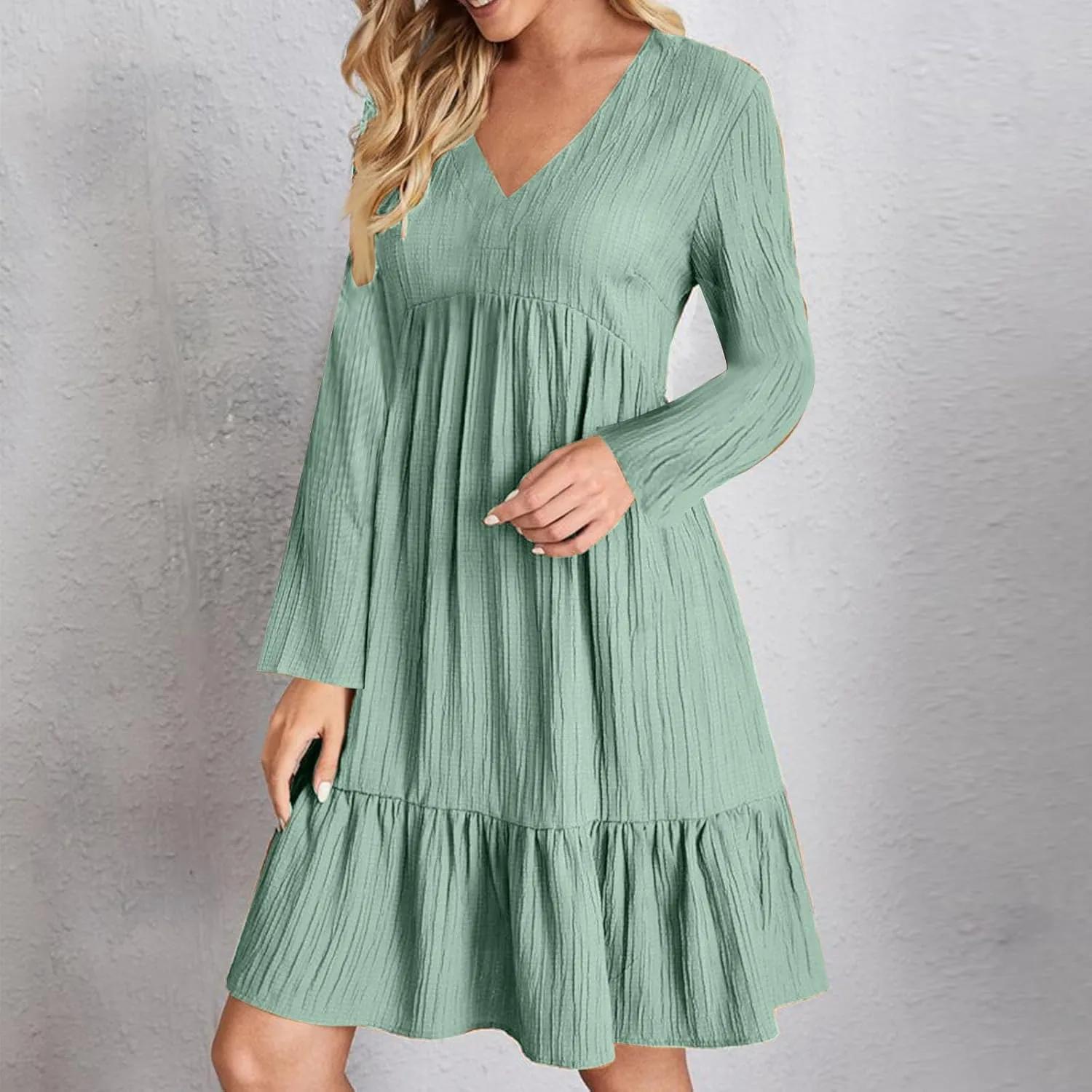 Women's Casual Long Sleeve V Neck Pleated Dress Tiered Ruffle Hem A-Line Loose Fit Flowy Swing Babydoll Mini Dresses
