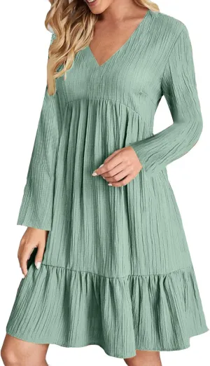 Women's Casual Long Sleeve V Neck Pleated Dress Tiered Ruffle Hem A-Line Loose Fit Flowy Swing Babydoll Mini Dresses