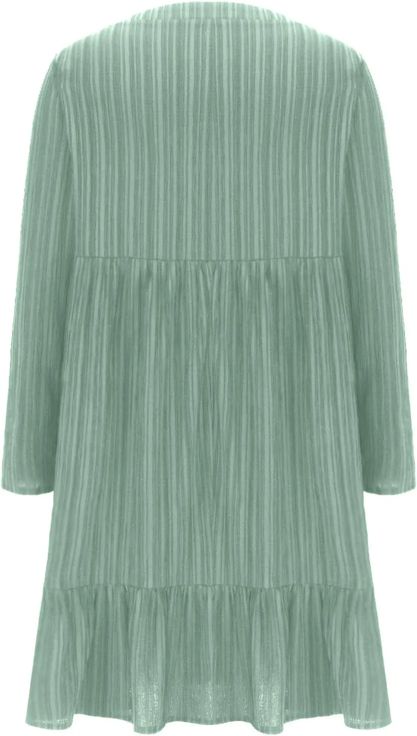 Women's Casual Long Sleeve V Neck Pleated Dress Tiered Ruffle Hem A-Line Loose Fit Flowy Swing Babydoll Mini Dresses