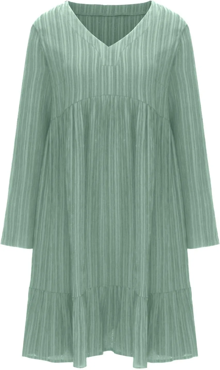 Women's Casual Long Sleeve V Neck Pleated Dress Tiered Ruffle Hem A-Line Loose Fit Flowy Swing Babydoll Mini Dresses