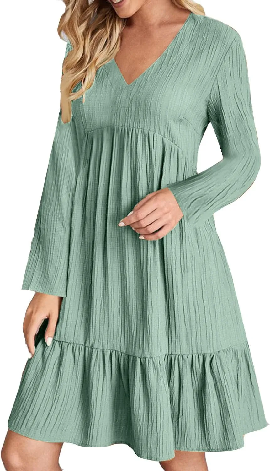 Women's Casual Long Sleeve V Neck Pleated Dress Tiered Ruffle Hem A-Line Loose Fit Flowy Swing Babydoll Mini Dresses