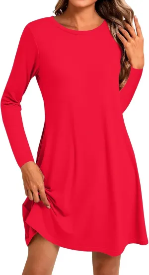 Women's Casual Short Dress Knee Length Crewneck Long Sleeve A Line Flowy Elegant Cute Going Out Dresses with Pockets