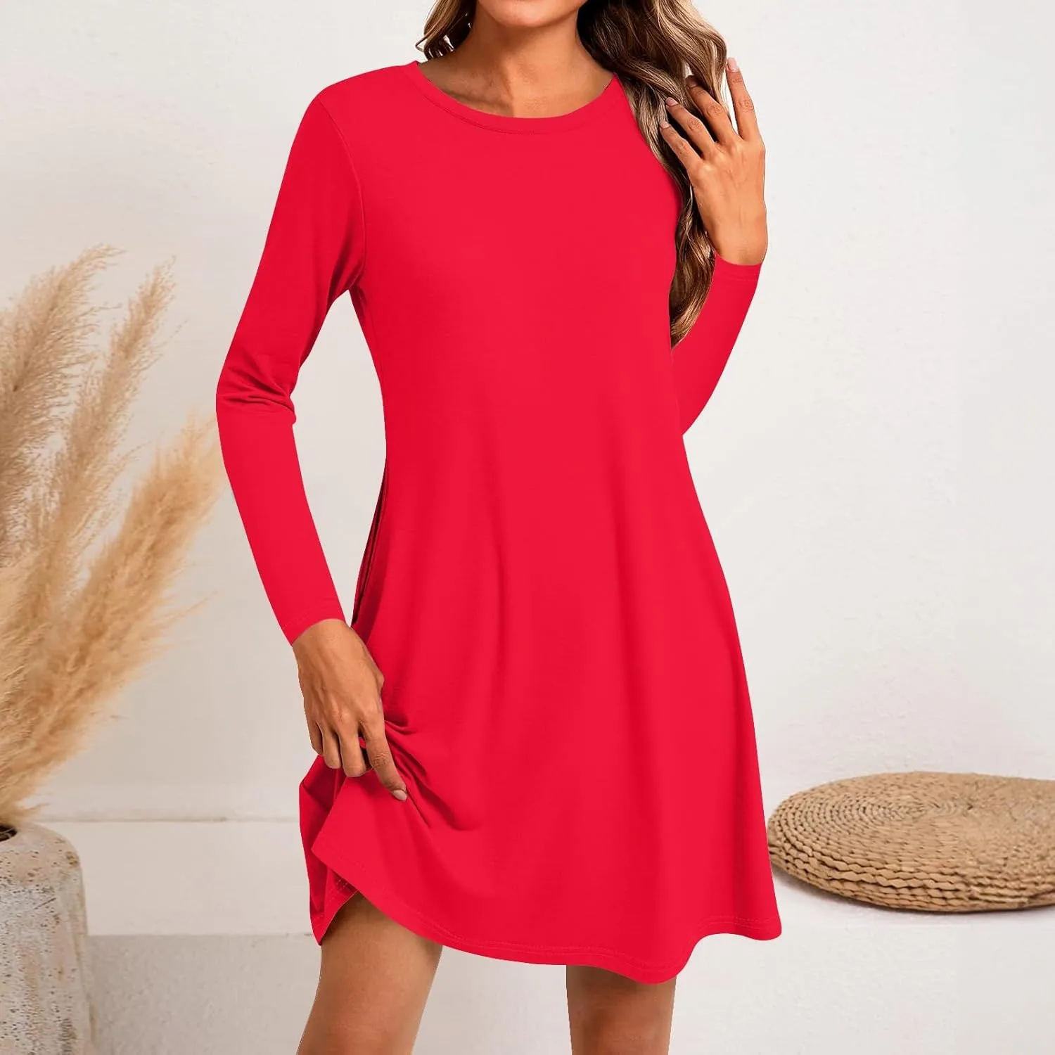 Women's Casual Short Dress Knee Length Crewneck Long Sleeve A Line Flowy Elegant Cute Going Out Dresses with Pockets