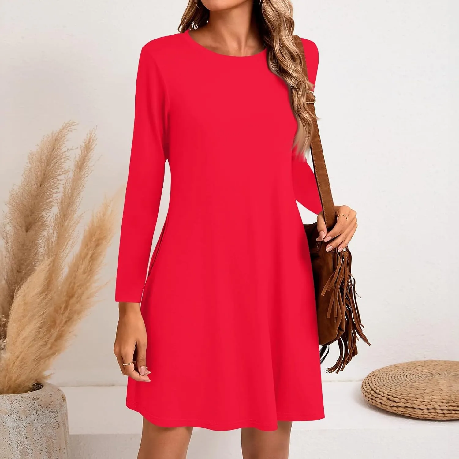 Women's Casual Short Dress Knee Length Crewneck Long Sleeve A Line Flowy Elegant Cute Going Out Dresses with Pockets