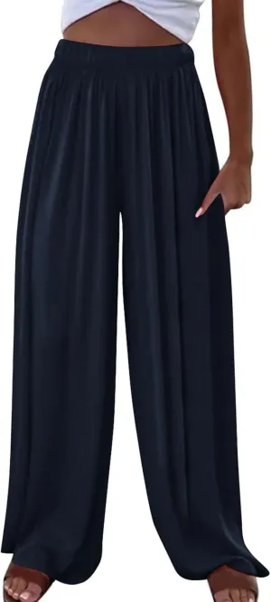 Womens Casual Wide Leg Pants Pleated High Elastic Waist Flowy Loose Beach Palazzo Pants Baggy Work Trousers Summer