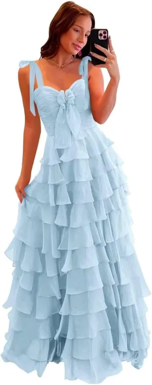 Womens Chiffon Tiered Ruffles Prom Dresses 2025 Spaghetti Straps A-Line Long Formal Ball Gown with Slit