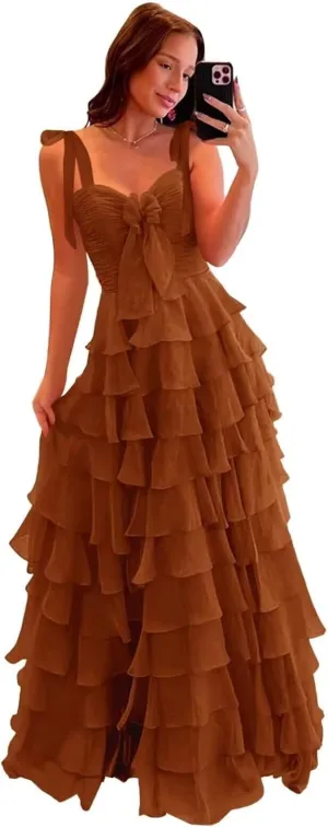 Womens Chiffon Tiered Ruffles Prom Dresses 2025 Spaghetti Straps A-Line Long Formal Ball Gown with Slit