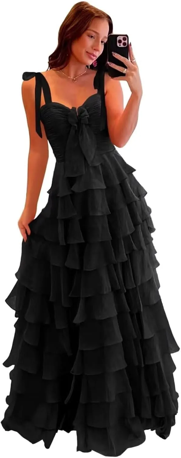 Womens Chiffon Tiered Ruffles Prom Dresses 2025 Spaghetti Straps A-Line Long Formal Ball Gown with Slit