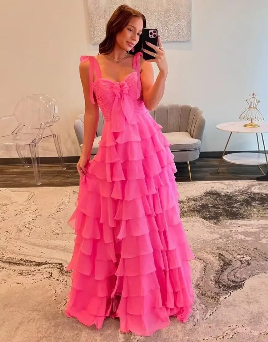 Womens Chiffon Tiered Ruffles Prom Dresses 2025 Spaghetti Straps A-Line Long Formal Ball Gown with Slit
