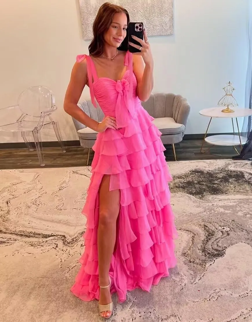 Womens Chiffon Tiered Ruffles Prom Dresses 2025 Spaghetti Straps A-Line Long Formal Ball Gown with Slit
