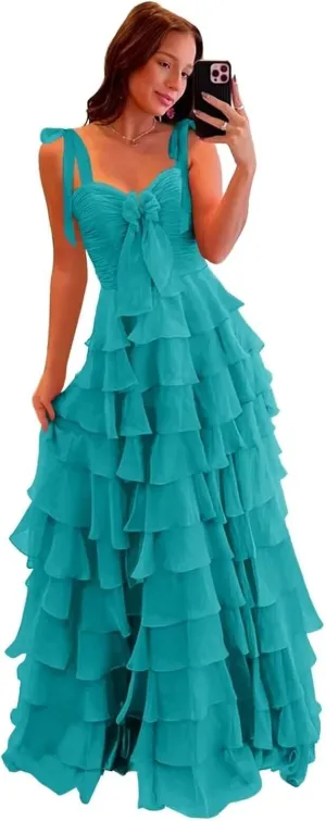 Womens Chiffon Tiered Ruffles Prom Dresses 2025 Spaghetti Straps A-Line Long Formal Ball Gown with Slit