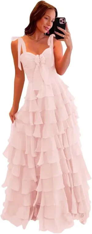 Womens Chiffon Tiered Ruffles Prom Dresses 2025 Spaghetti Straps A-Line Long Formal Ball Gown with Slit