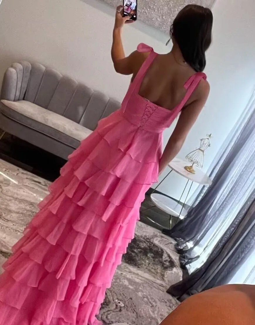 Womens Chiffon Tiered Ruffles Prom Dresses 2025 Spaghetti Straps A-Line Long Formal Ball Gown with Slit