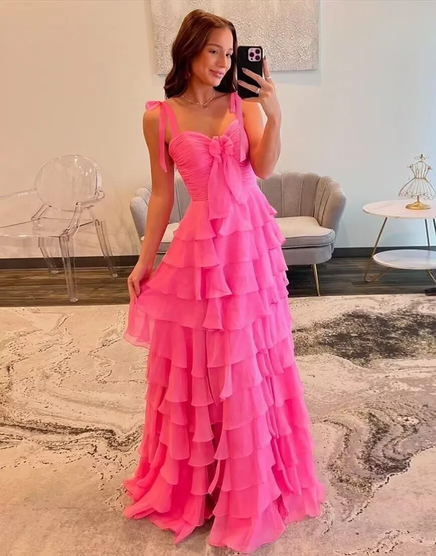 Womens Chiffon Tiered Ruffles Prom Dresses 2025 Spaghetti Straps A-Line Long Formal Ball Gown with Slit