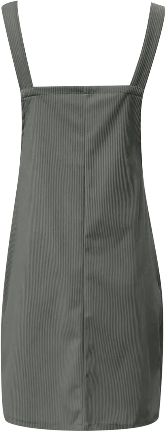 Women's Corduroy A Line Mini Dress Adjustable Button Down Strap Sundress Front Pockets Elegant Plain Cord Dresses