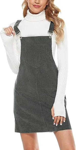 Women's Corduroy A Line Mini Dress Adjustable Button Down Strap Sundress Front Pockets Elegant Plain Cord Dresses