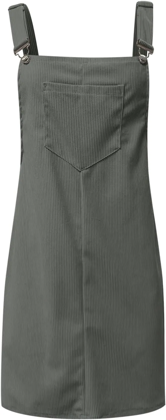 Women's Corduroy A Line Mini Dress Adjustable Button Down Strap Sundress Front Pockets Elegant Plain Cord Dresses