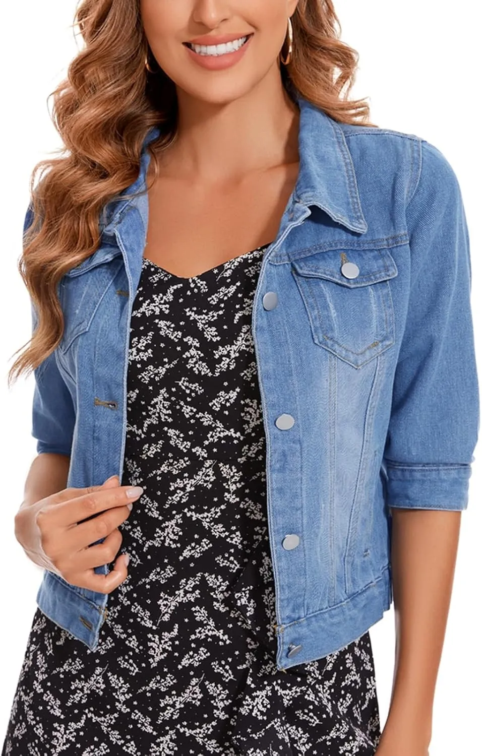 Women's Cropped Denim Jacket Lapel Stretch Jean Coat Button 2025 Trendy 3/4 Sleeve Short Denim Jackets
