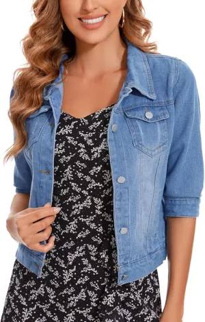 Women's Cropped Denim Jacket Lapel Stretch Jean Coat Button 2025 Trendy 3/4 Sleeve Short Denim Jackets
