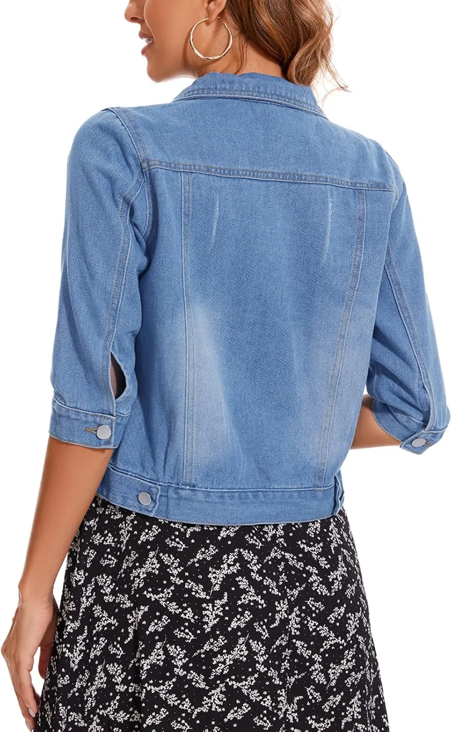 Women's Cropped Denim Jacket Lapel Stretch Jean Coat Button 2025 Trendy 3/4 Sleeve Short Denim Jackets