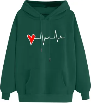 Women's Cute Heart Print Hooded Sweatshirts With Pockets Long Sleeve Hoodies Athletic Workout Pullover Y2K Clothes