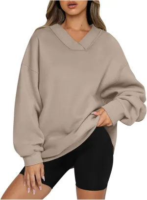 Women's Cute Oversized Hoodies,Casual V Neck Long Sleeve Fleece Sweatshirts Pullover Sweaters, Cute Basic Tops