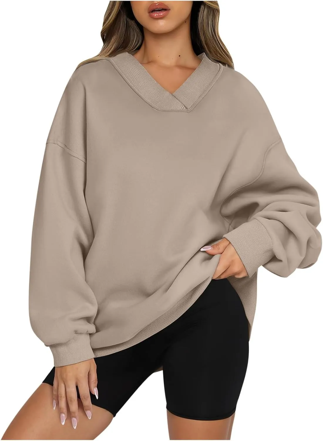 Women's Cute Oversized Hoodies,Casual V Neck Long Sleeve Fleece Sweatshirts Pullover Sweaters, Cute Basic Tops