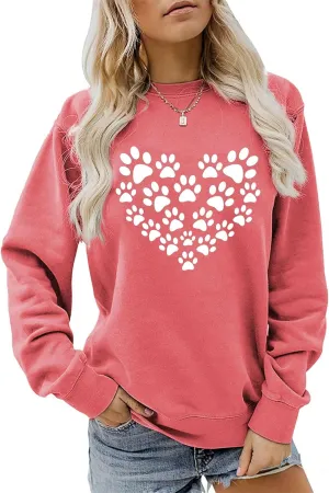 Womens Dog Mom Sweatshirts Cute Dog Paw Print Heart Graphic Long Sleeve Crewneck Casual Tee Tops