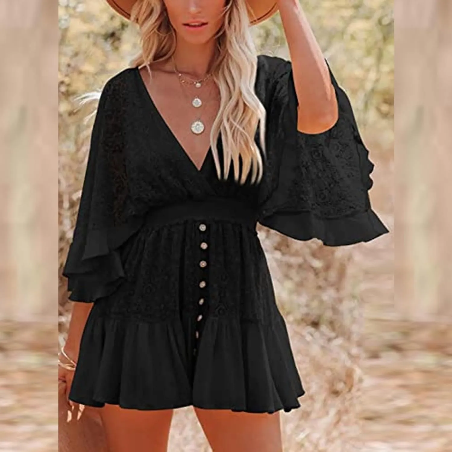 Womens Dresses Casual Sexy V Neck Ruffle Short Sleeve Elastic Waist Mini Dresses Spring Summer Flowy Elegant Dress