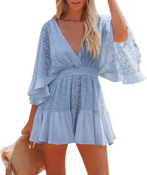 Womens Dresses Casual Sexy V Neck Ruffle Short Sleeve Elastic Waist Mini Dresses Spring Summer Flowy Elegant Dress